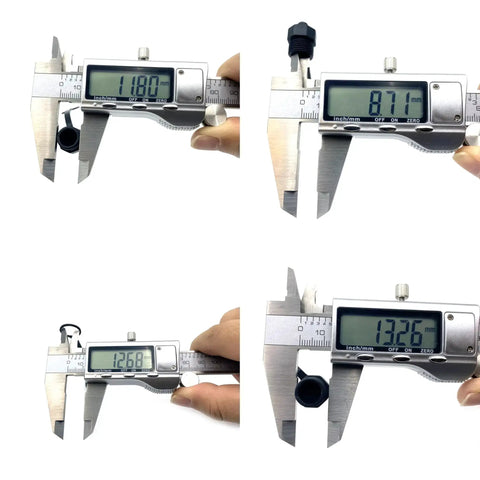 Measuring tool showing dimensions of Five Piece M12 Connector Dust Covers For Female Sockets Protective Caps Black Plastic Kit