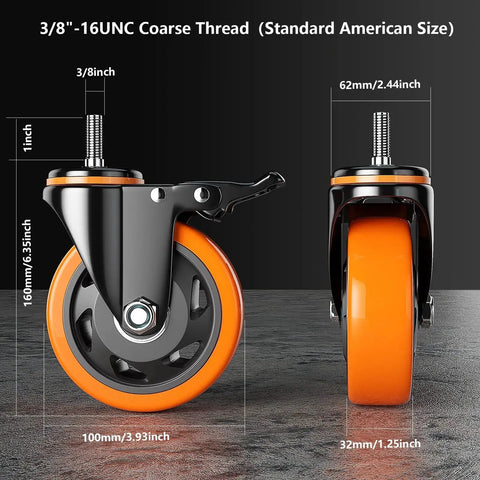 Heavy Duty 4 Inch Stem Caster Wheels Set Of 4 With Dual Locking Brakes For Furniture And Carts, side and front view close-up.