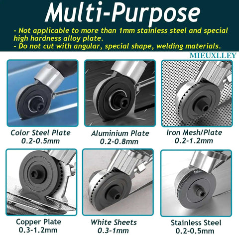 Heavy Duty Electric Drill Plate Cutter With Dual Serrated Wheels cutting various metal sheets