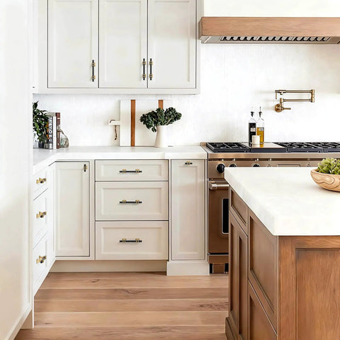 Modern kitchen with Black And Gold T Bar Cabinet Knobs Set 10 Pack For Kitchen Cabinets And Dressers with stainless steel handles