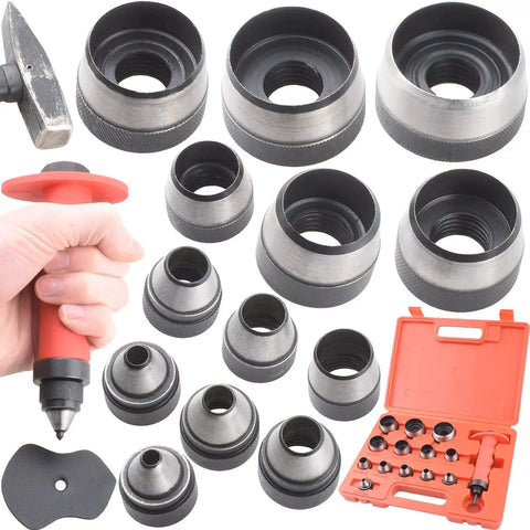 Pro Grade Leather Punch Set With 13 Hollow Punch Heads For Clean Holes And Gaskets Includes Pinpoint Punch Shaft And Durable ABS Case