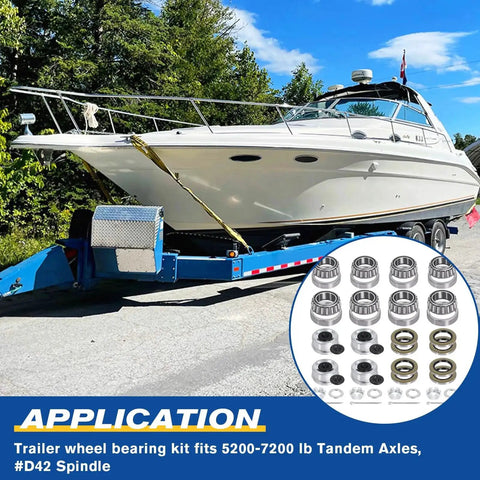 Boat Trailer Bearing Kit With Grease Seals 10 36 22333TB Spindle Nuts 2.72 Inch Dust Caps shown near boat on trailer
