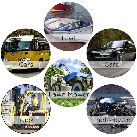 Collage image featuring categories like cars, boat, truck, lawn mower, and motorcycle.