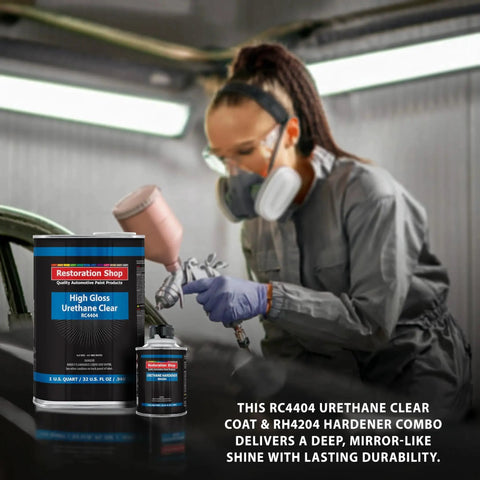 Person using spray gun with 1.25 Quarts 2K Urethane Clear Coat Kit With 4 To 1 Hardener For Gloss Refinish on car panel