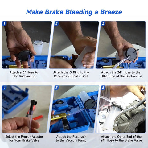 Orion Motor Tech 2-in-1 brake caliper compressor and bleeder kit; blue carry case with hoses and 18 adapters