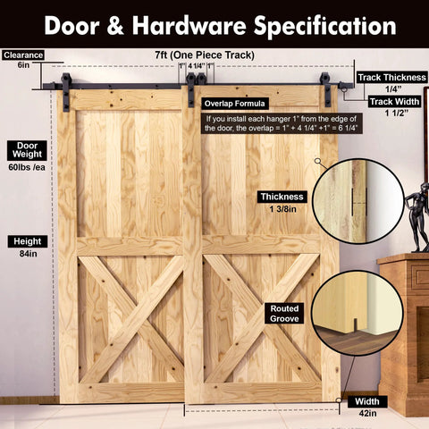 Front view of Rustic Black Single Track Bypass Sliding Barn Door Hardware Kit For Double Doors 42 Inch Wide By 84 Inch Tall 7 Ft Flat Track