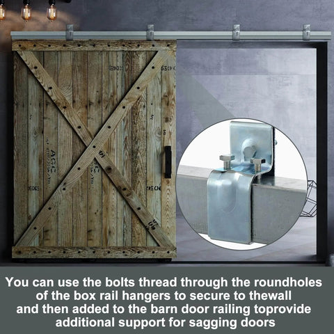 4 Pack Barn Door Rail Brackets With Bolts Heavy Duty Exterior Box Hanger Hardware Galvanized Steel Splice Bracket For Easy Rail Mounting No Welding Needed Durable Sliding Door Support Kit installed view