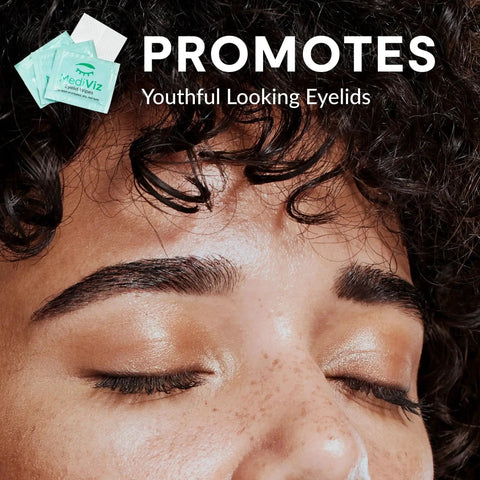 Close-up of closed eyes with MedVIZ hypoallergenic eyelid cleansing wipes for debris removal and itchy eye relief packaging.