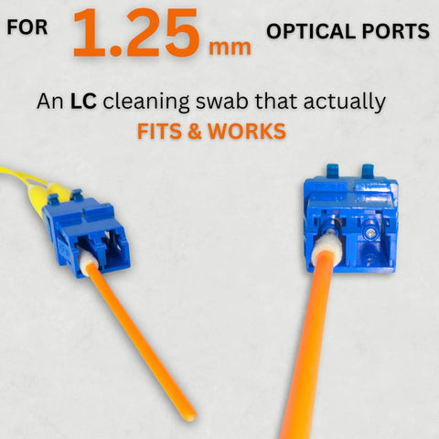 Sysotek LC fiber optic cleaning swabs for 1.25 mm ports; lint-free anti-static two blue LC connectors with orange swabs