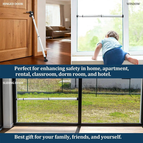 Three In One Door Security Bar with heavy duty metal, adjustable from sixteen to forty one point seven inches, used on door and window
