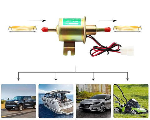 12V Inline Low Pressure Fuel Pump For Gas And Diesel With 2.5 To 4 PSI Output, 30 GPH Flow Rate, 8 Mm Hose Size, shown with vehicle images
