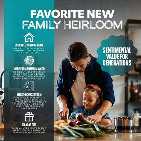 Father and daughter cooking in kitchen with text about personalized engraved cutting boards as gifts.