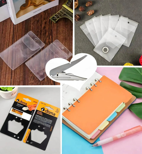 Collage featuring Heavy Duty One Hole Punch for Crafting and Card Making, portable handheld puncher, plastic tags, and scrapbook supplies