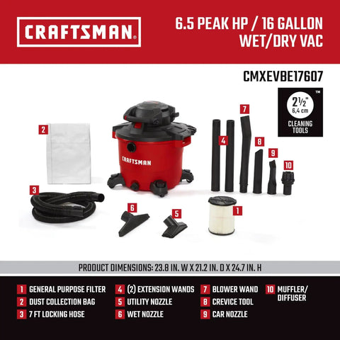 16 Gallon Wet Dry Shop Vacuum With 6.5 Peak HP Heavy Duty Power Detachable Leaf Blower Two In One Portable Vacuum with accessories