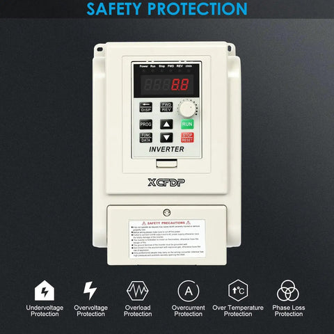 Front view of 220V Single Phase To 3 Phase VFD Inverter for spindle motors, 2.2 kW 3 HP, showing safety protection features.