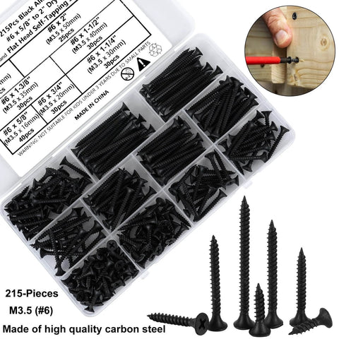 Six Gauge Black Oxide Drywall And Wood Screws Kit With 215 Piece Assortment Phillips Drive Countersunk Self Tapping Screws