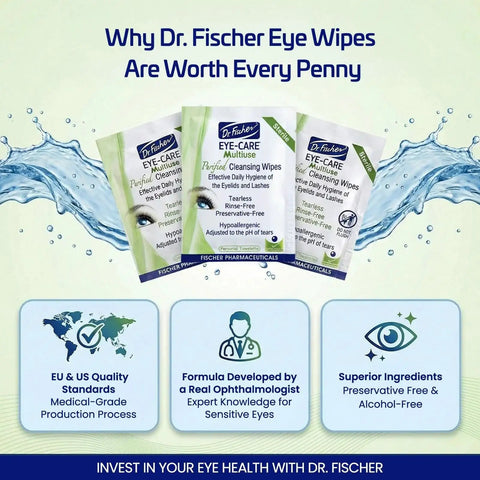 Three packs of Hypoallergenic Preservative Free Eyelid Wipes For Sensitive Eyes Twin Pack by Dr. Fischer.