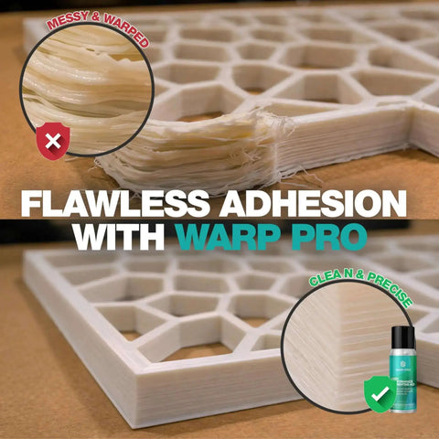 Comparison of 3D print adhesion with Pro Grade 3D Printer Bed Adhesive Spray For Warp Free Prints Easy Spray On Build Plate Solution That Is Water Washable No More Glue Sticks Works With All Filaments And Build Surfaces, showing messy vs. clean results.