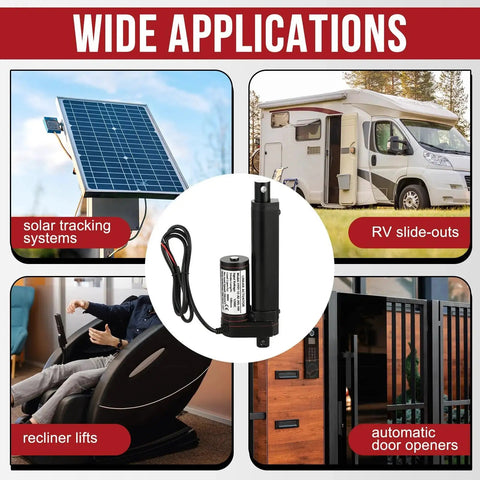 Beefy 12V Linear Actuator showing applications: solar tracker, RV slide-out, recliner lift, automatic door opener, with mounting brackets