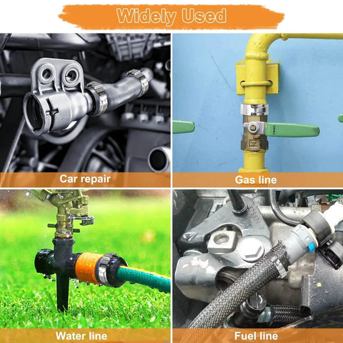 Pro Grade 120 Pcs Ear Hose Clamp Kit securing pipes and hoses in car repair, gas, water, and fuel lines.