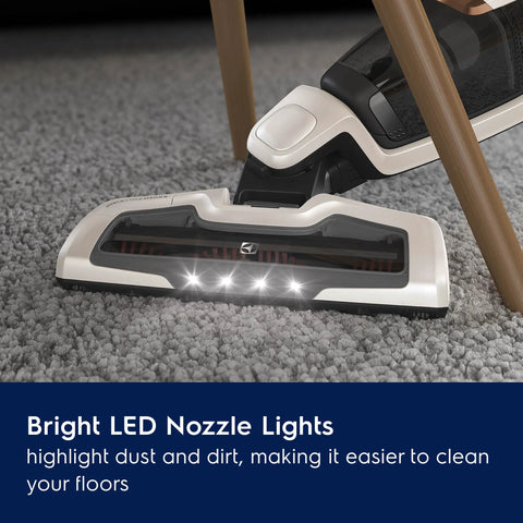Electrolux Ergorapido cordless 2-in-1 vacuum cleaner, satin white with bright LED nozzle lights on carpet.