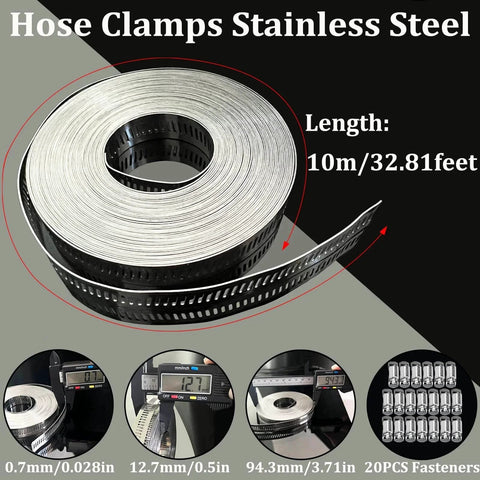 Stainless Steel Large Worm Gear Hose Clamps Kit With 32.81 Feet Adjustable Band And 20 Strong Fasteners For Plumbing Auto Tube Fuel Line Duct Pipe Clamp Assortment For Precise Do It Yourself Hose Repairs showing coiled band and fasteners.