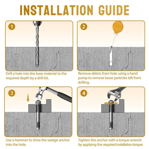 Installation guide showing steps to install Three Eighths Inch Outer Diameter Concrete Anchor Bolts Set With Washer And Nut.