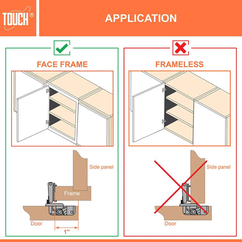 Diagram showing soft close concealed cabinet hinges for face frame cabinets with 1-inch overlay and not applicable for frameless designs.