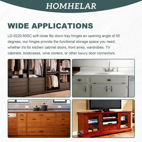 Soft Close Pivot Hinges With Screws For Closets, Bookcases, Cabinets And Sink TipOut Doors 50 Degree Opening Model LD022050SC Space Saving Furniture Hardware For Home Cabinets And Display Units in various applications.