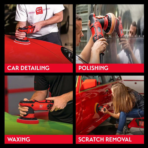 Various uses of a Powerful 1000 Watt Random Orbital Polisher For Car Detailing With Dual Action Buffer, showcasing car polishing.