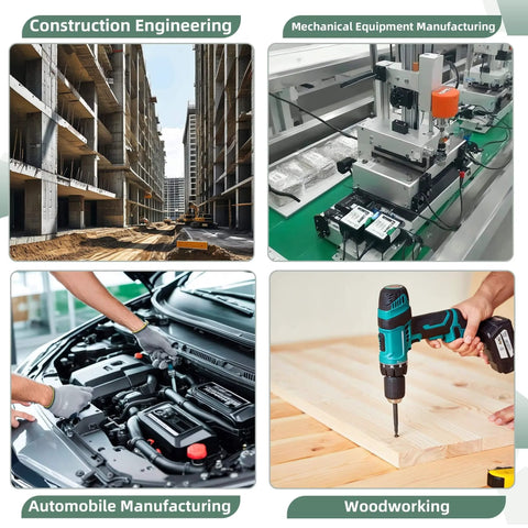 Compilation image showing construction engineering site, mechanical equipment, automobile manufacturing, and woodworking.