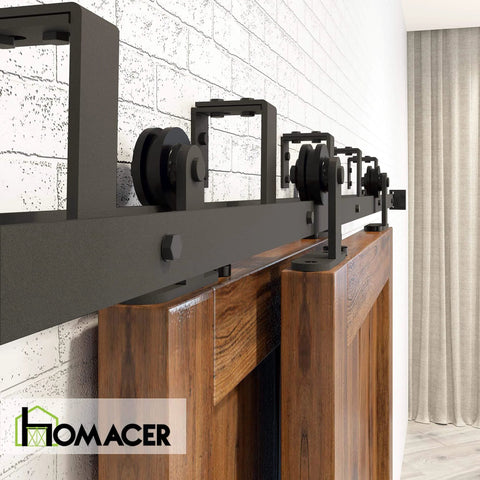 Rustic Black Double Track Bypass Sliding Barn Door Hardware Kit For Two Doors 20ft Flat Track With U Shape Brackets And T Shape Rollers
