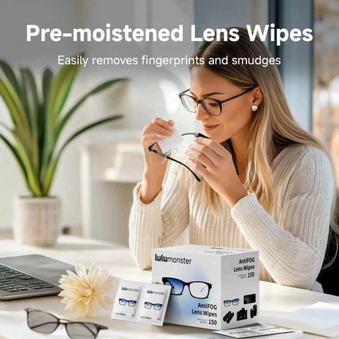 Woman using Anti Fog Lens Wipes For Glasses And Screens Premoistened Individually Wrapped, seated by a laptop.