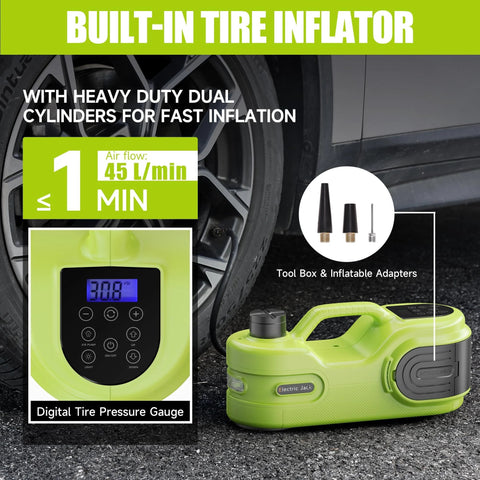 Simtamy 12V electric car jack kit with built-in inflator, LCD display, and digital tire gauge; lime-green portable jack