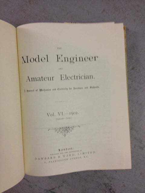 Vintage The Model Engineer And Amateur Electrician Volume Six 1902 Reprint open page showing title and publication details.