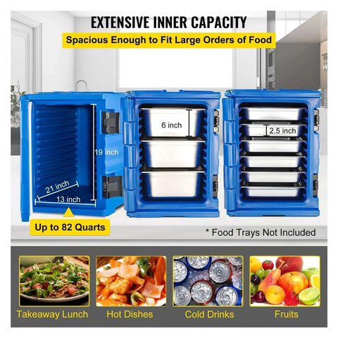 Open front view of blue insulated food pan and front load catering box with wheels 90L capacity, showing inner compartments.