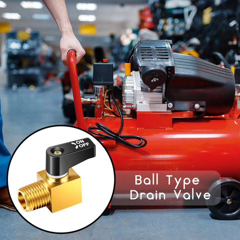 Air compressor drain valve set: two brass ball-type valves with black lever, 1/4 in NPT threads.