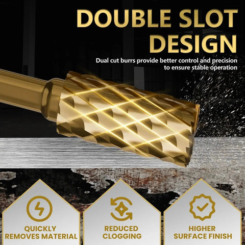 Double slot design on Versatile Ten Piece One Quarter Inch Carbide Burr Set With Quick Change Shank for metal wood stone deburring.