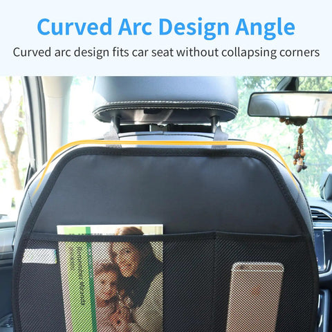 Durable Large Car Seat Protector Kick Mats 2 Pack With Dual Mesh Pockets And Water Resistant Oxford Cloth Keeps Back Seats Clean From Dust Mud Scrubs Scratches In Black, rear view showing curved arc design and mesh pockets.