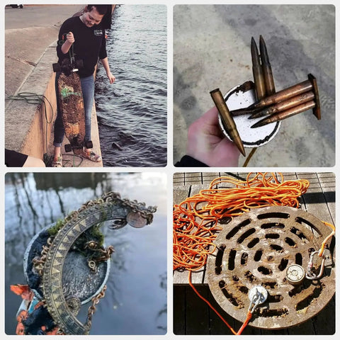 Heavy Duty N52 Neodymium Magnet Fishing Kit With 500 Lb Pull And 20 Meter Rope in use with various items retrieved from water
