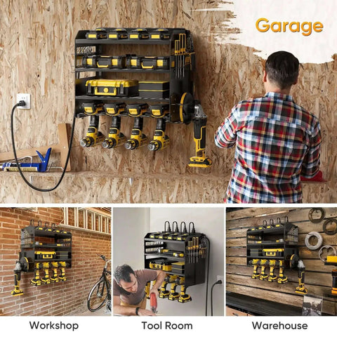 Power Tool Organizer Wall Mount With Charging Station And 8 Outlet Power Strip Pro Grade Heavy Duty Metal Tool Rack With Cordless Drill Holder And Battery Storage For Garage 6.56 Ft Cord installed on wall in garage