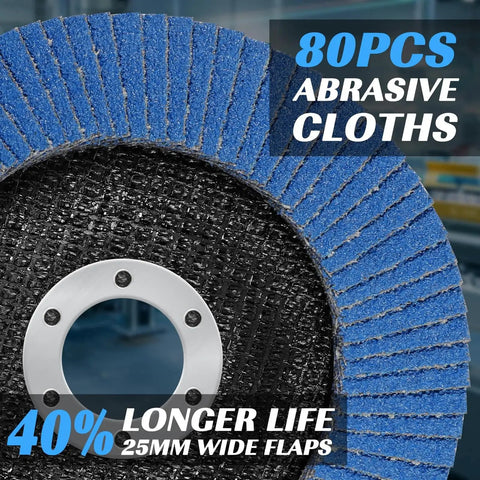 Close-up of 24 Pack 4.5 Inch Flap Discs For Angle Grinder Zirconia Grit 40 60 80 120 Type 29 showing blue abrasive flaps.
