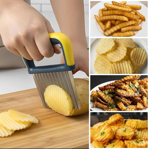 Crinkle Cutter Knife Stainless Steel Wavy Chopper For Potatoes Carrots Onions And Veggies With Safe Blade Cover Protective Case Premium Handle And Rust Resistant Zero Point Two Inch Slicing Blade French Fry Slicer cutting potato with wavy design