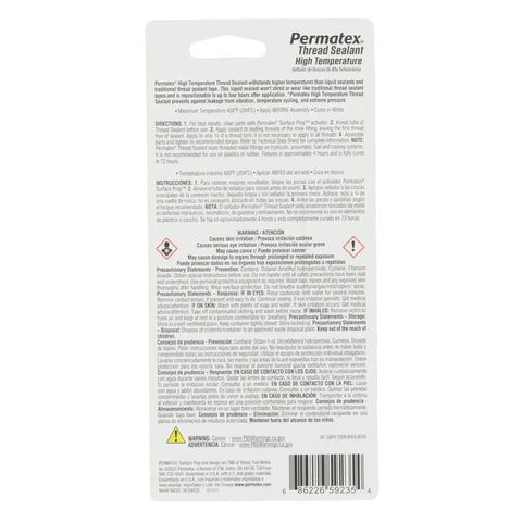 Back of packaging for Beefed-Up High Temperature Thread Sealant In A 50 Ml Tube, OE Direct Fit, showing instructions and warnings