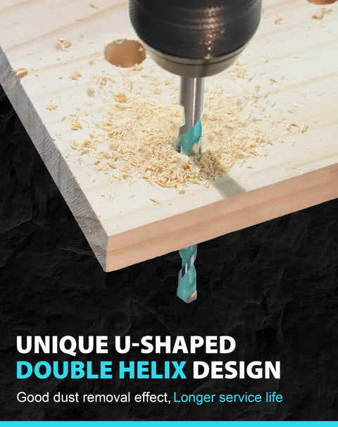 Drill bit with unique U-shaped double helix design in action on wood, Durable Carbide Masonry Drill Bit Set With Hex Shank For Brick Concrete Tile Block And More Five Piece Set Ranging From Five Thirty Seconds To Three Eighths Inch EZARC.