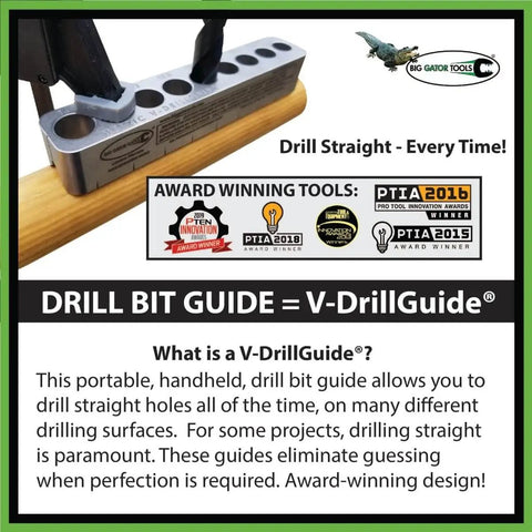 Compact V Drill Guide With Twenty One Drill Sizes For Straight, Accurate Hand Drilling On Flat Surfaces, Corners And Round Parts