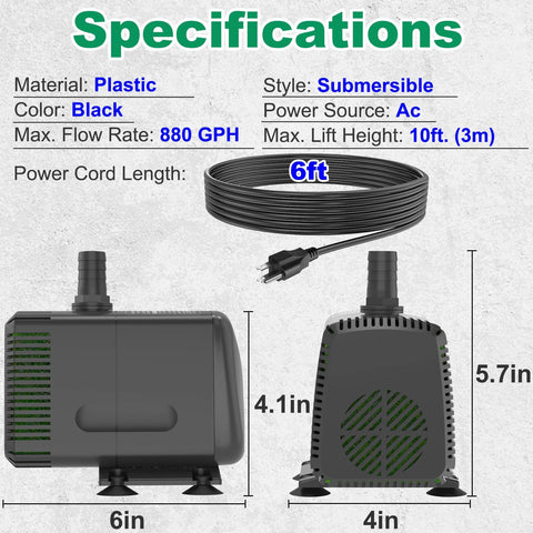 Knifel submersible pump, 880 GPH, plastic, black, AC power, 10 ft lift, 6 ft cord for fountains, ponds, aquariums.