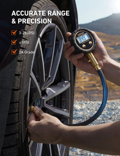 AstroAI tire pressure gauge with backlit LED, brass body, blue rubber hose, air bleeder valve, 3-250 PSI for cars.