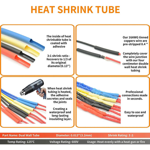 Heat shrink tubes with adhesive lining, various colors, used in beefy 12 pin Deutsch DT waterproof automotive electrical connector kit.