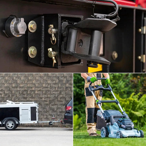 Collage of trailer with Linch Pin With Ring Set 2 Pack 3/16 Inch By 1-3/4 Inch Heavy Duty Trailer Pins and a person with a lawn mower